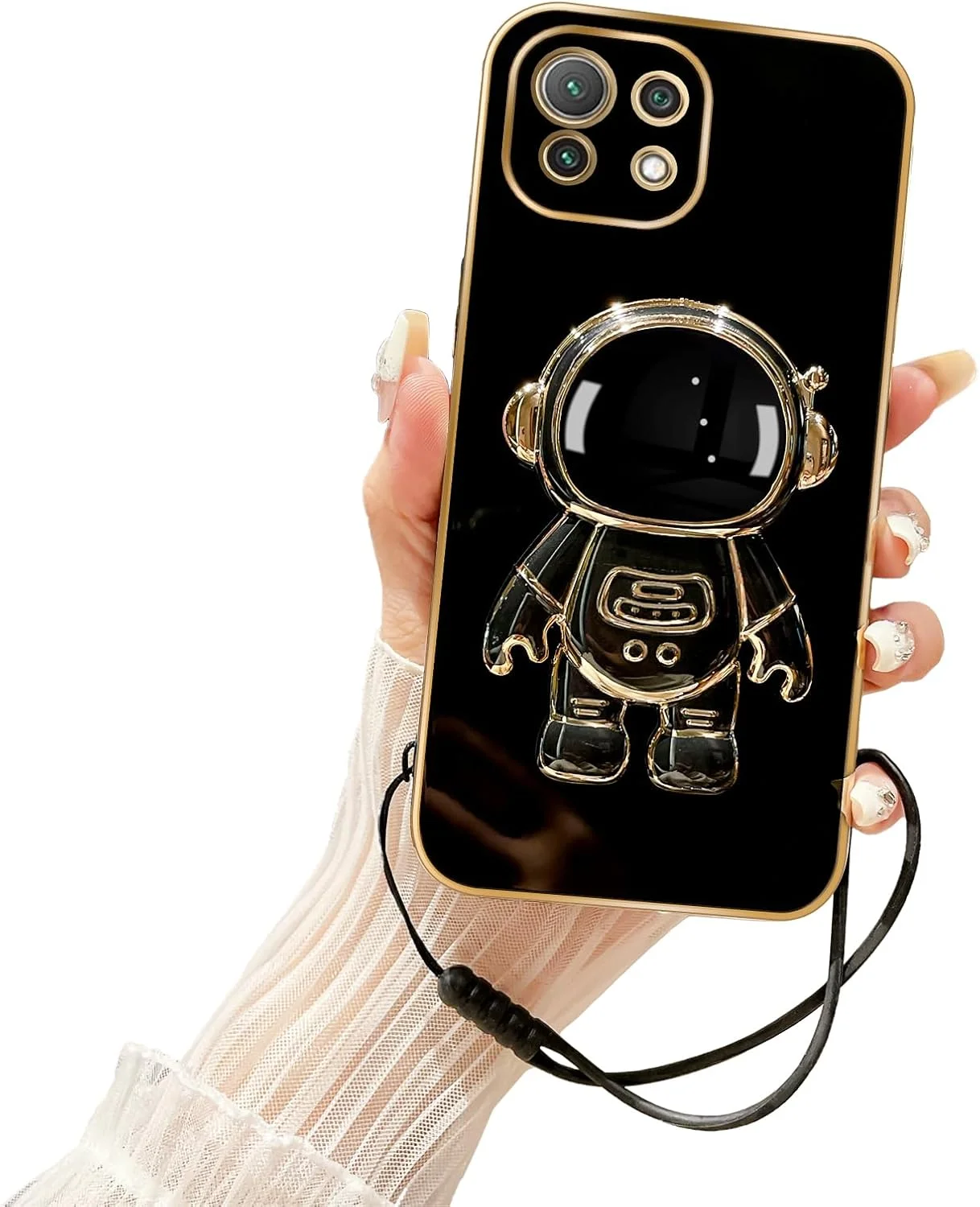 قاب محافظ گوشی شیائومی Mi 11 Lite با پایه مخفی فضانورد آبکاری شده 6D و بند آویز، کاور محافظ نرم TPU ضد ضربه برای گوشی شیائومی Mi 11 Lite 5G NE (6.55 اینچ)، مشکی