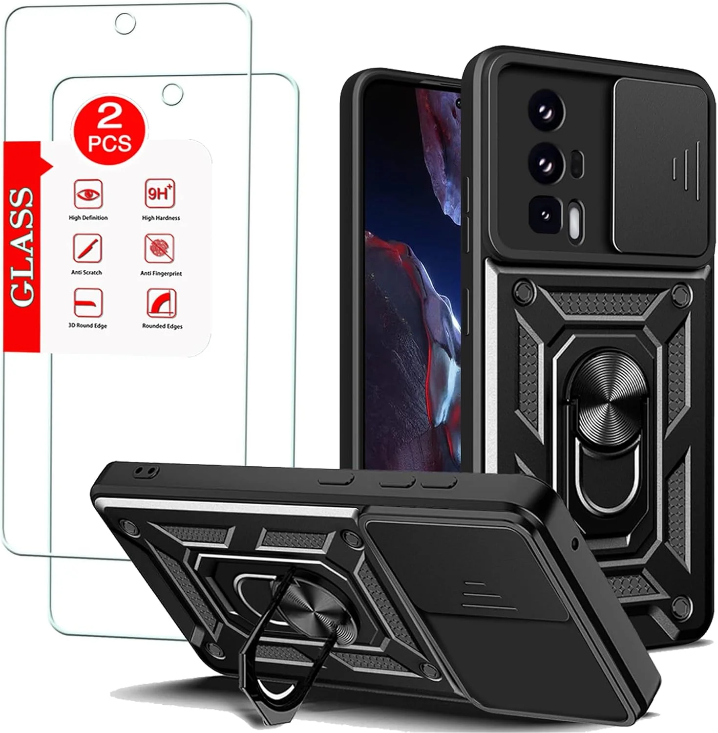 قاب محافظ گوشی شیائومی پوکو F5 پرو 5G به همراه [2 عدد] محافظ صفحه نمایش شیشه ای حرارت دیده، محافظ زرهی مقاوم، محافظ لنز و استند مغناطیسی مناسب برای اتصال به هولدر ماشین