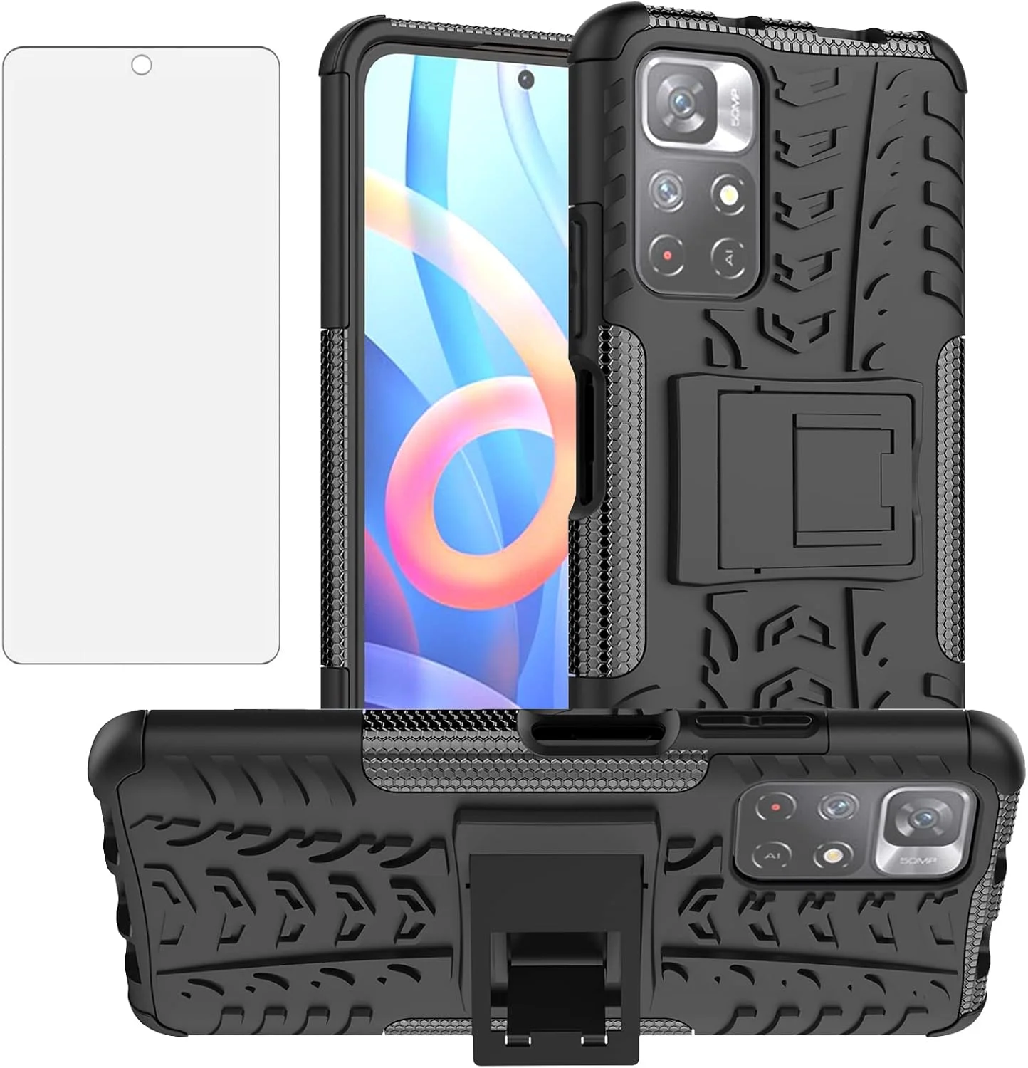 قاب گوشی برای شیائومی پوکو M4 پرو 5G / ردمی نوت 11S 5G به همراه محافظ صفحه نمایش شیشه ای و استند، مقاوم و بادوام - مشکی