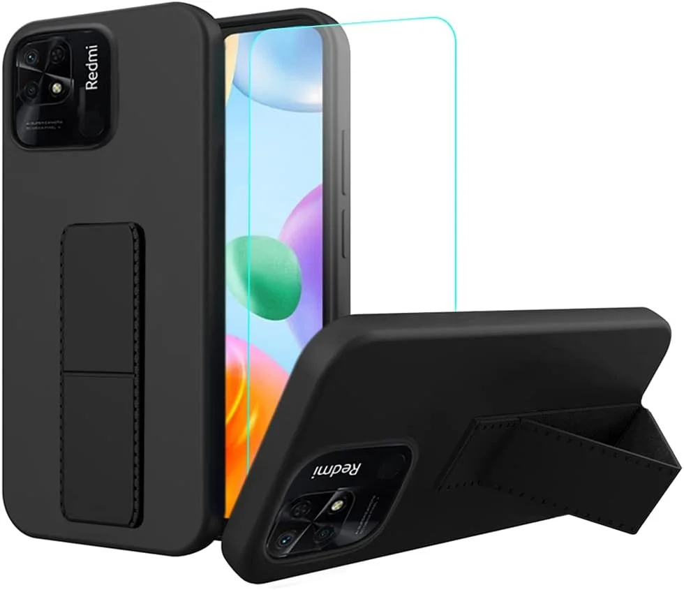 قاب محافظ گوشی شیائومی ردمی 10C 4G به همراه محافظ صفحه نمایش شیشه ای، دارای پایه تلسکوپی تاشو، ضد ضربه - مشکی