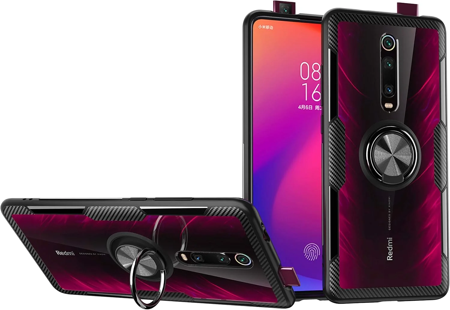 کاور شفاف سوراکا برای شیائومی Mi 9T/Mi 9T Pro با حلقه نگهدارنده چرخان 360 درجه، کاور باریک و شفاف اکریلیک با سپر سیلیکونی، دارای صفحه فلزی برای نگهدارنده مغناطیسی گوشی در خودرو