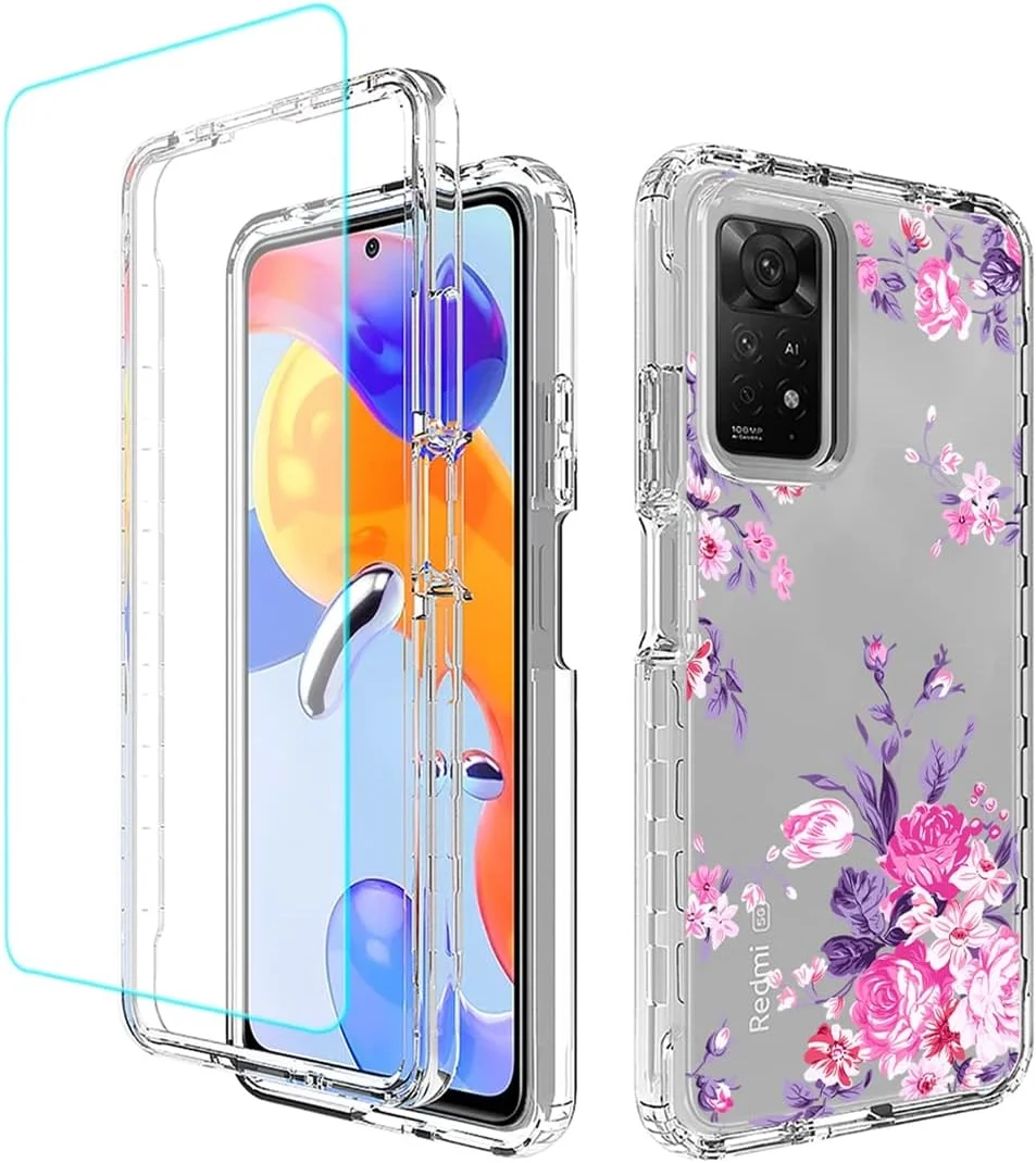 کاور محافظ گوشی شیائومی ردمی نوت 11 پرو / ردمی نوت 11 ای پرو به همراه محافظ صفحه نمایش شیشه ای، کاور محافظ تمام بدنه TPU طرح گل برای شیائومی ردمی نوت 11 پرو 5G (گل رز)