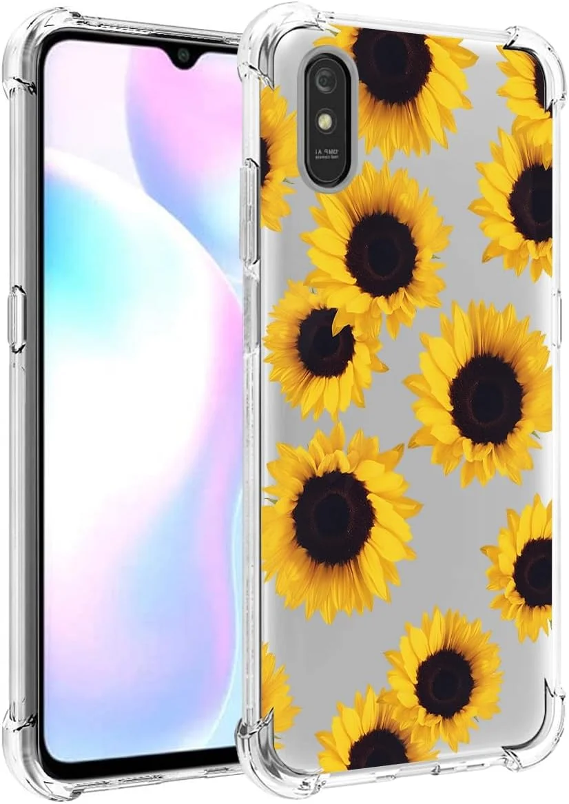 کاور محافظ گوشی ردمی 9A مدل M2006C3LG / ردمی 9i مدل M2006C3LII، طرح گل آفتابگردان، جنس TPU نرم و انعطاف پذیر، محافظ باریک گوشی برای دختران و بانوان