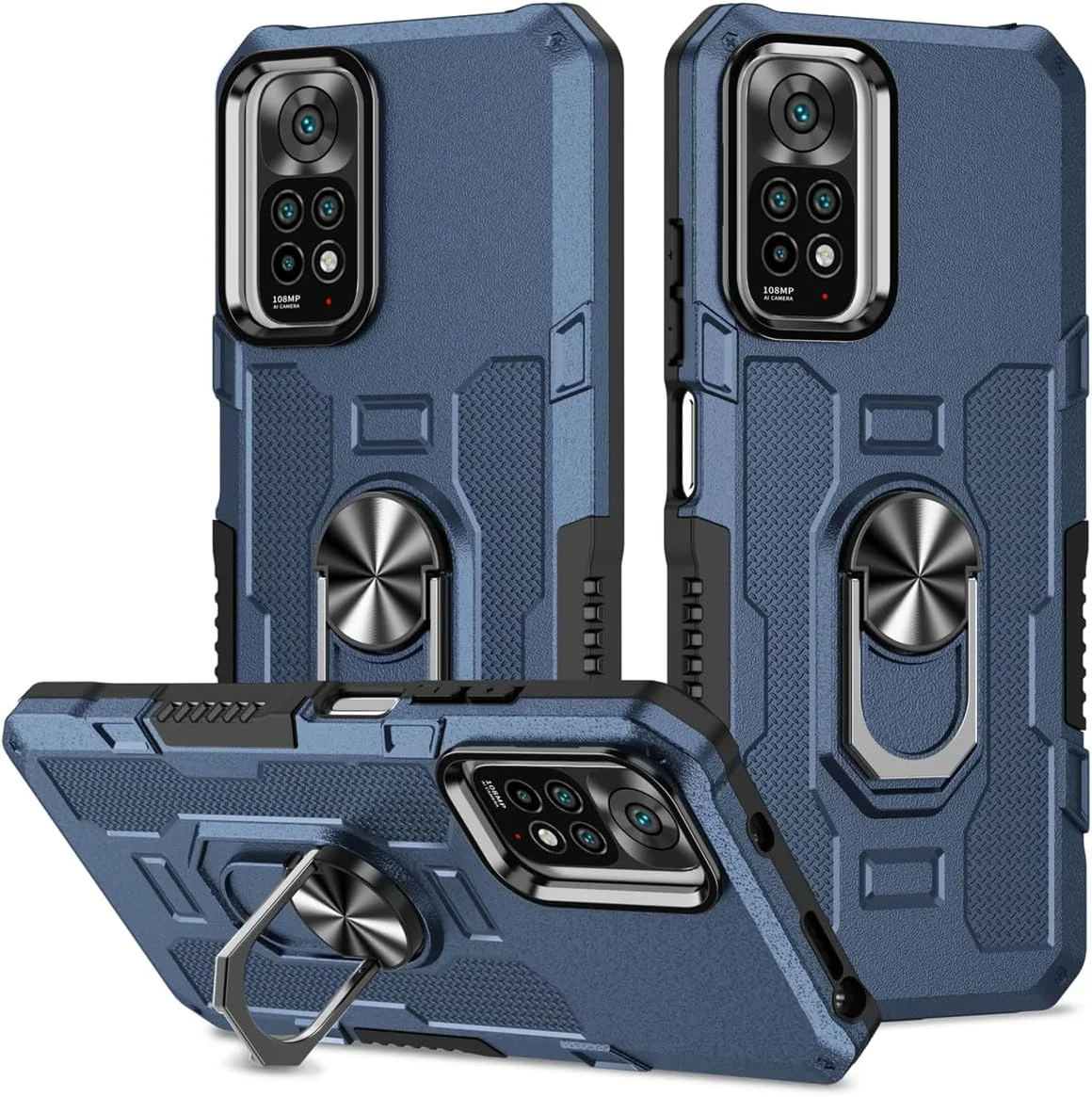 قاب محافظ گوشی شیائومی ردمی نوت 11 نسخه 4G / ردمی نوت 11S / ردمی نوت 12S، دارای پایه نگهدارنده محکم، قابلیت اتصال به هولدر مغناطیسی خودرو، ضد ضربه و محافظ دوربین، آبی