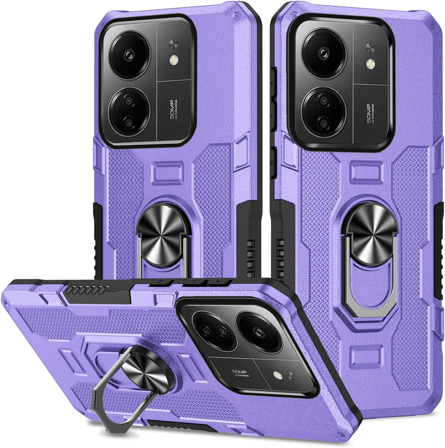 قاب محافظ گوشی شیائومی ردمی 13C 4G / پوکو C65، با پایه نگهدارنده محکم، قابلیت اتصال مغناطیسی به هولدر خودرو، ضد ضربه و محافظ دوربین - بنفش