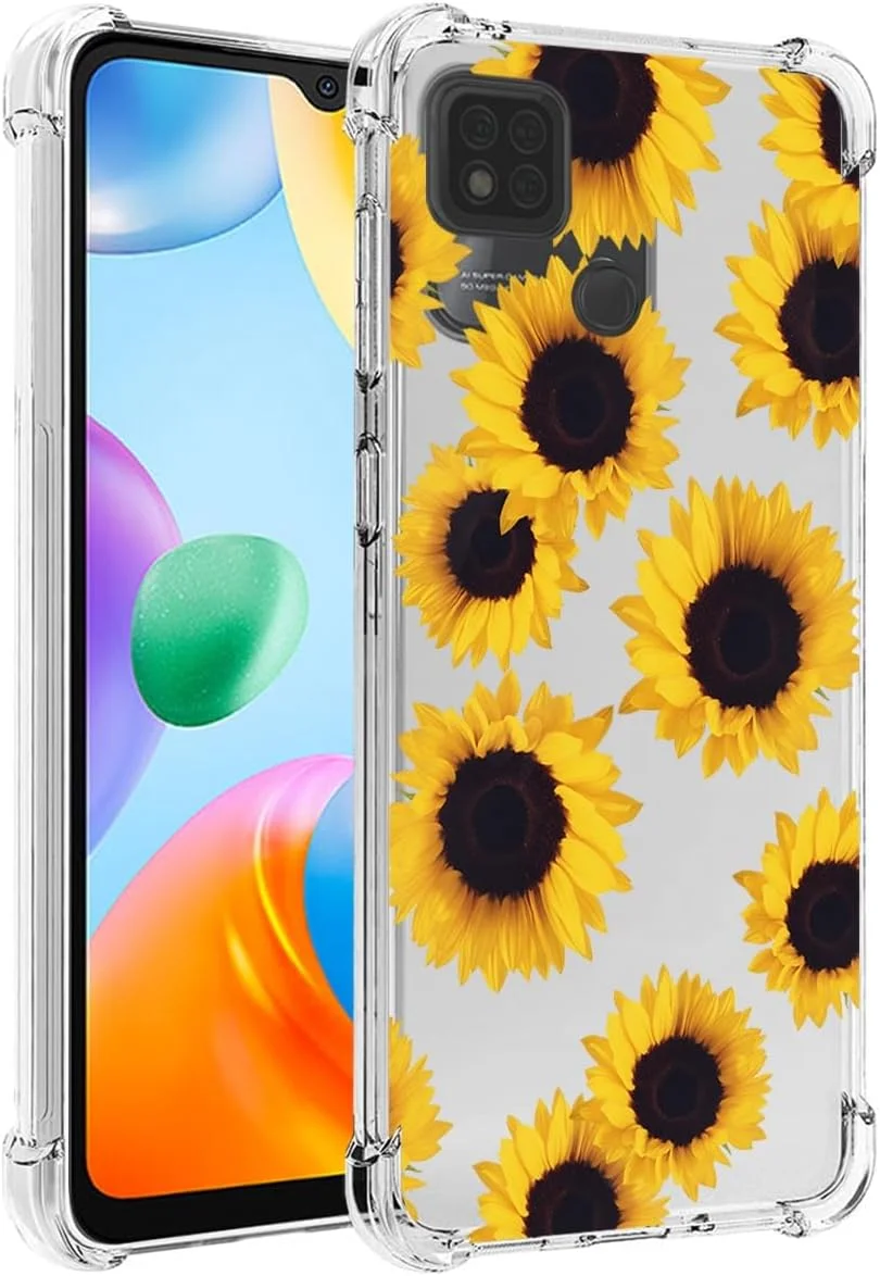کاور محافظ گوشی ردمی 10C، کاور گوشی ردمی 10 Power مدل 220333QBI مناسب دختران و بانوان، کاور محافظ گوشی باریک و شفاف گل‌دار TPU نرم و انعطاف‌پذیر برای شیائومی ردمی 10C (آفتابگردان)