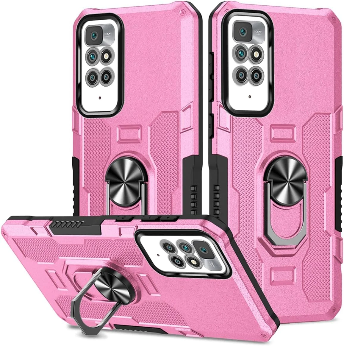 قاب محافظ گوشی شیائومی ردمی 10، ردمی 10 پرایم/ ردمی 10 2022، با پایه نگهدارنده محکم، قابلیت اتصال مغناطیسی به هولدر خودرو، ضد ضربه و محافظ دوربین - رنگ صورتی