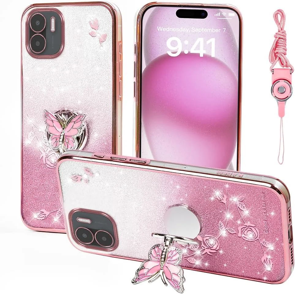 قاب گوشی برای شیائومی ردمی A2، قاب گوشی موبایل ردمی A1 برای بانوان و دختران، پوشش محافظ TPU طرح پروانه و گل اکلیلی با پایه نگهدارنده و بند برای ردمی A1/A2 (صورتی)