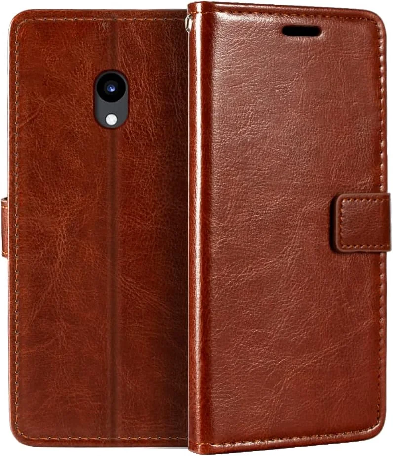 کیف چرمی PU سازگار با گوشی شیائومی Qin F21 Pro نسخه دوربین، کاور مغناطیسی تاشو با جای کارت، محافظت کامل و عملکرد استند (قهوه ای)