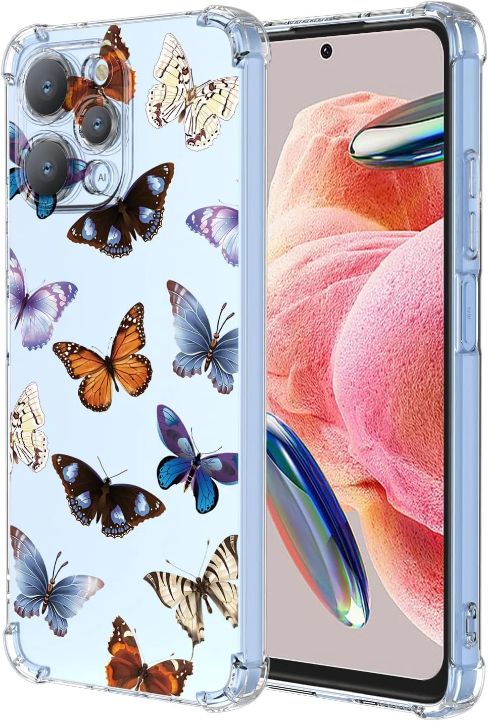 قاب گوشی شیائومی ردمی 12 با طرح گل و پروانه شفاف، محافظت ضد ضربه قاب TPU نرم برای ردمی 12 (پروانه های رنگارنگ)