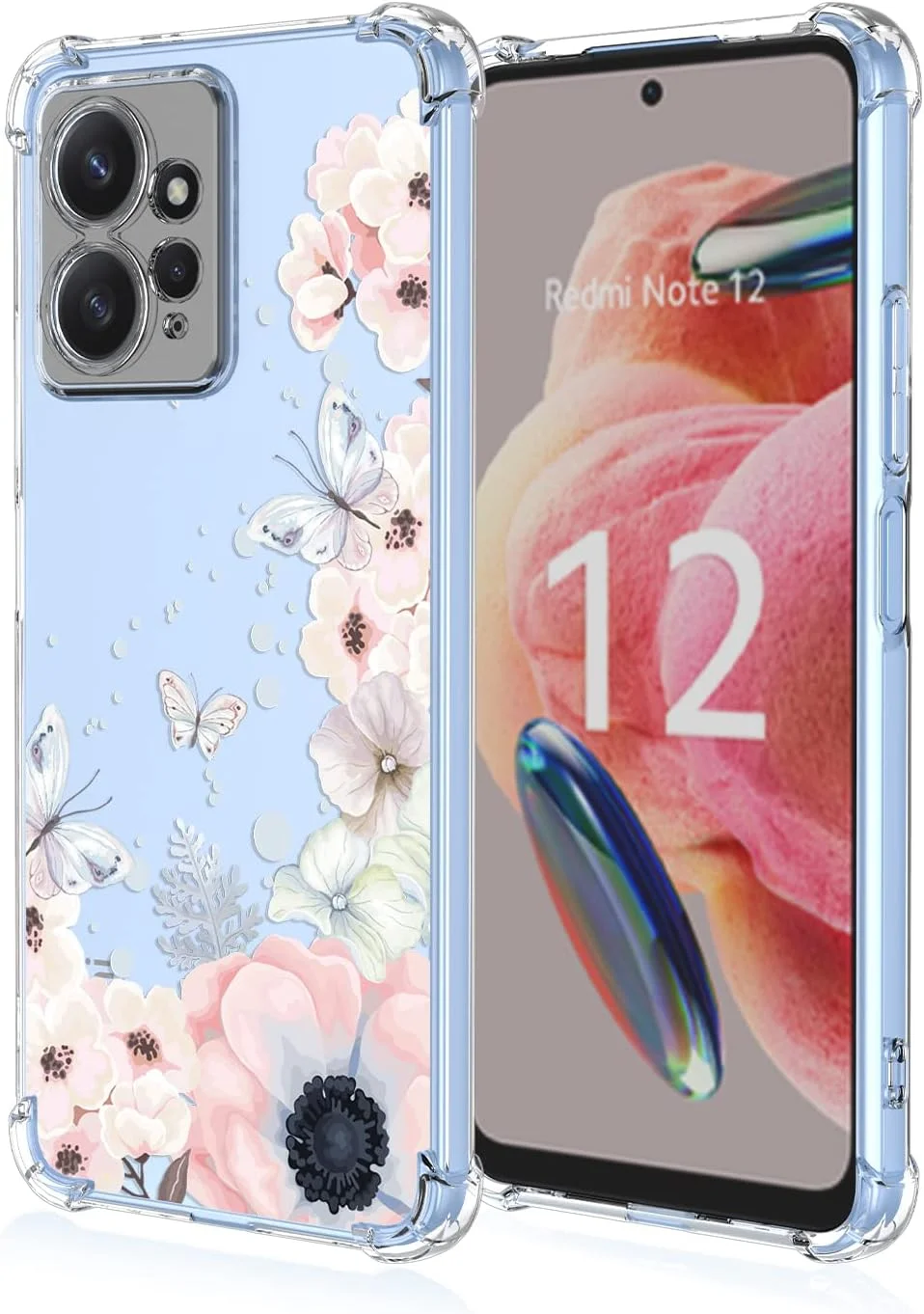 قاب گوشی شیائومی ردمی نوت 12 4G با طرح گل و پروانه شفاف، محافظت ضد ضربه، قاب TPU نرم برای ردمی نوت 12 4G (گل های صورتی/پروانه ها)
