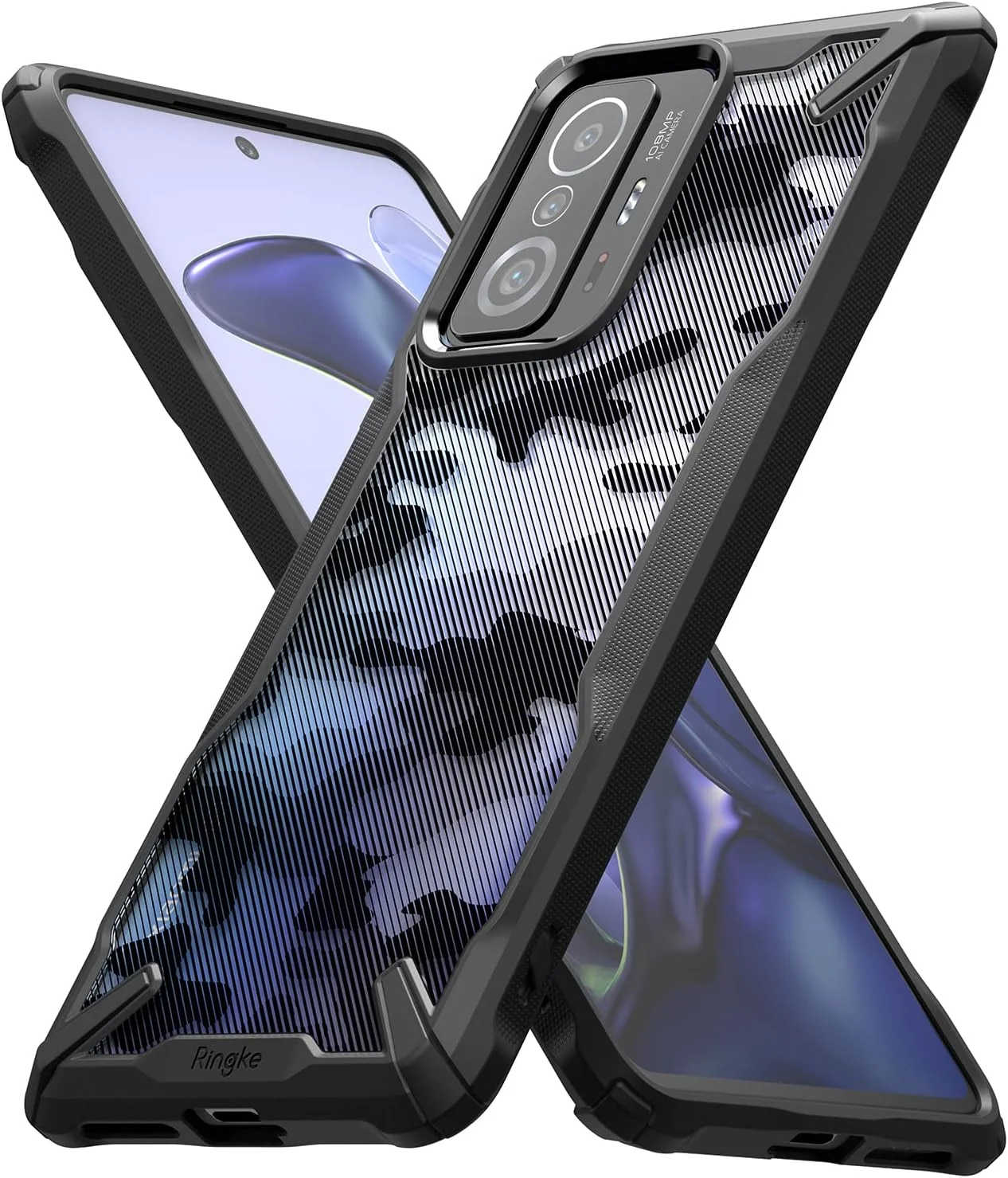 کاور محافظ گوشی رینکه Fusion-X سازگار با گوشی های شیائومی 11T و 11T Pro، طراحی استتار، پشت سخت، مقاوم در برابر ضربه، بامپر TPU محافظ پیشرفته - مشکی طرح استتار