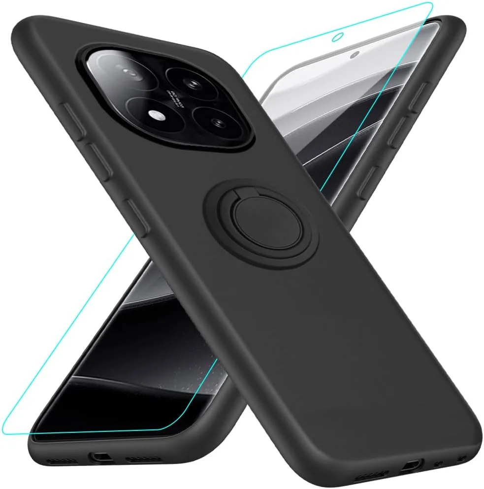 قاب محافظ گوشی شیائومی ردمی نوت 14 پرو پلاس 5G به همراه محافظ صفحه نمایش شیشه ای، دارای حلقه نگهدارنده چرخان 360 درجه و استند، کاور محافظ سیلیکونی برای ردمی نوت 14 پرو+ پلاس 5G 2025 - مشکی