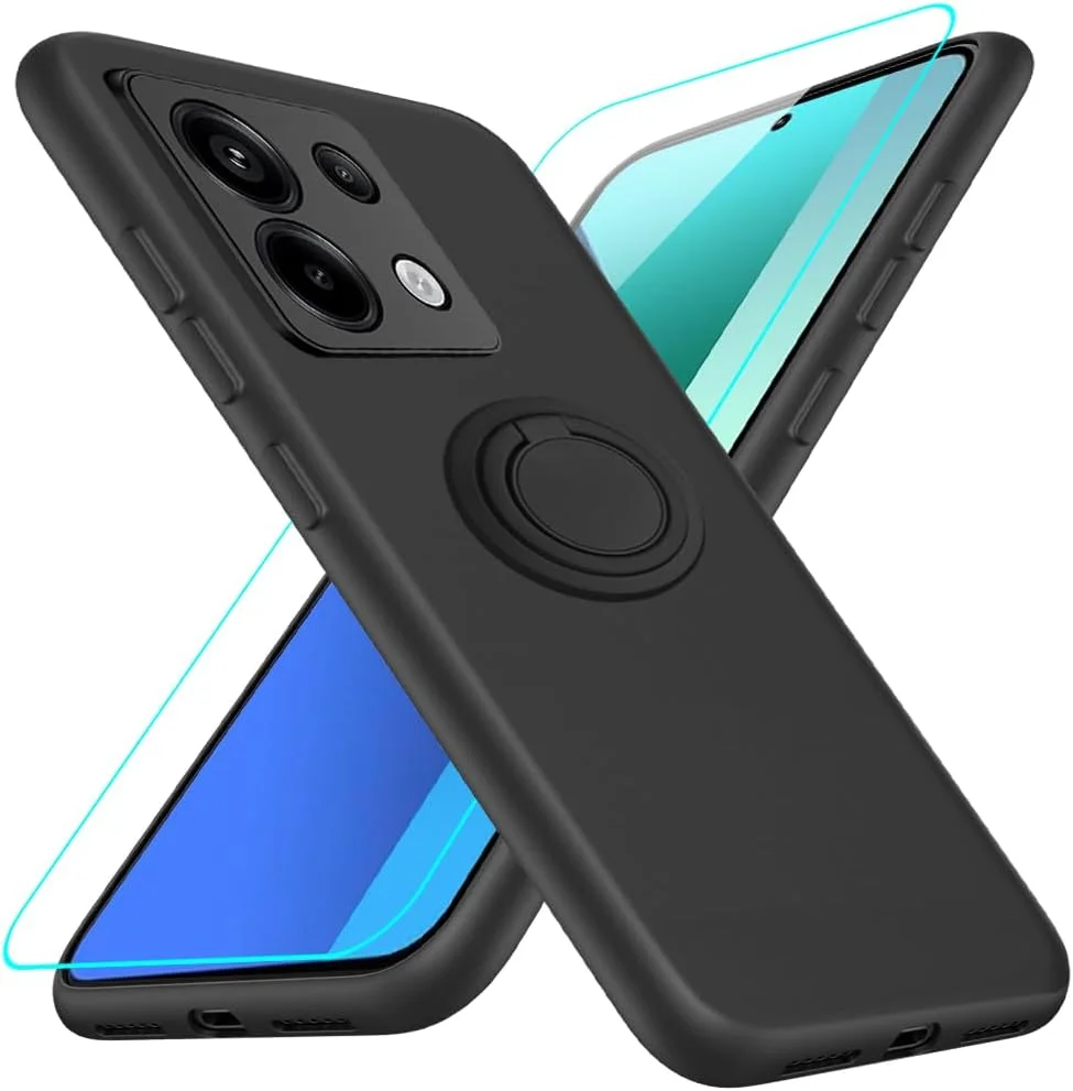 قاب محافظ سیلیکونی TPU با پایه انگشتی چرخان 360 درجه و محافظ صفحه شیشه ای برای گوشی شیائومی Redmi Note 13 4G (نه 5G) - مشکی