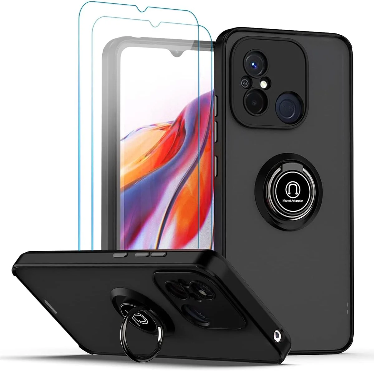کاور محافظ گوشی شیائومی ردمی 12C / ردمی 11A به همراه محافظ صفحه نمایش، TPU + PC سخت ضد ضربه با حلقه مغناطیسی نگهدارنده خودرو، مشکی