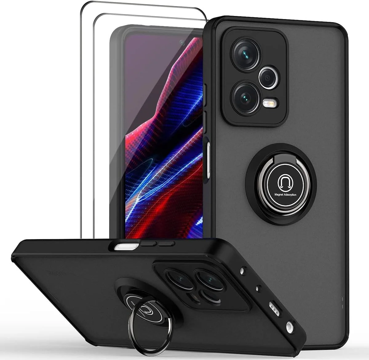 کاور محافظ گوشی شیائومی پوکو X5 / ردمی نوت 12 5G به همراه محافظ صفحه نمایش، TPU + PC سخت ضد ضربه با حلقه مغناطیسی نگهدارنده خودرو، مشکی