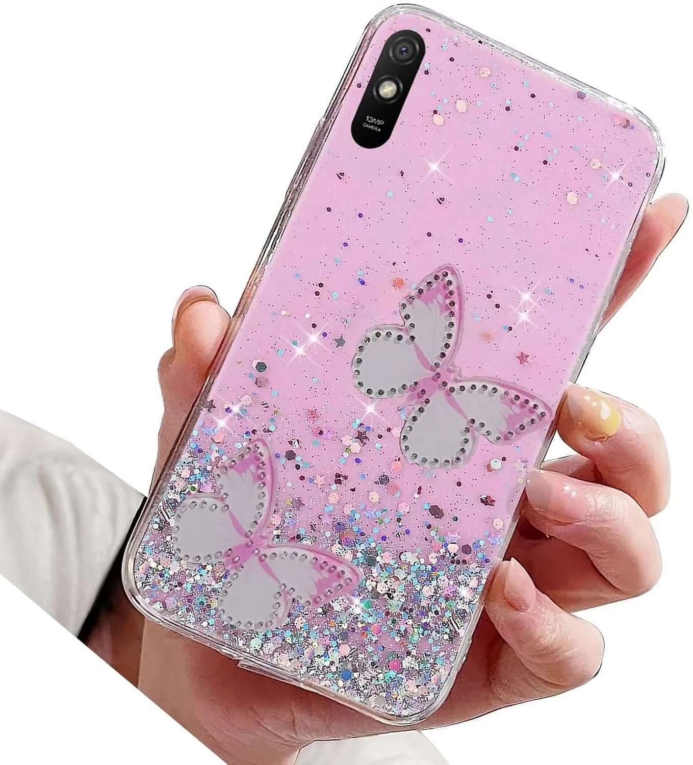 کاور براق Miagon برای گوشی شیائومی Redmi 9A، کاور محافظ سیلیکونی نرم و باریک، طرح ستاره‌ای درخشان و زیبا، مناسب دختران و بانوان، طرح دو پروانه صورتی