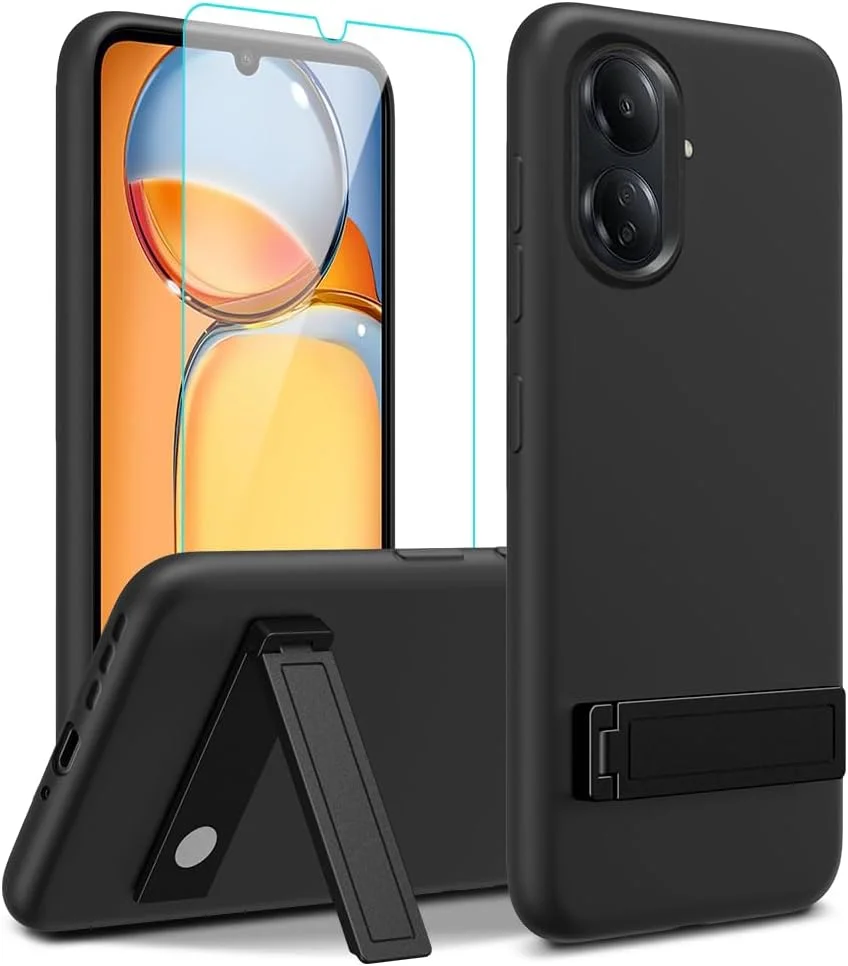قاب محافظ گوشی شیائومی ردمی 13C 4G به همراه محافظ صفحه نمایش شیشه ای، دارای پایه فلزی با قابلیت تنظیم در 3 حالت، کاور محافظ سیلیکونی TPU ضد ضربه برای ردمی 13 C/Poco C65 4G - مشکی