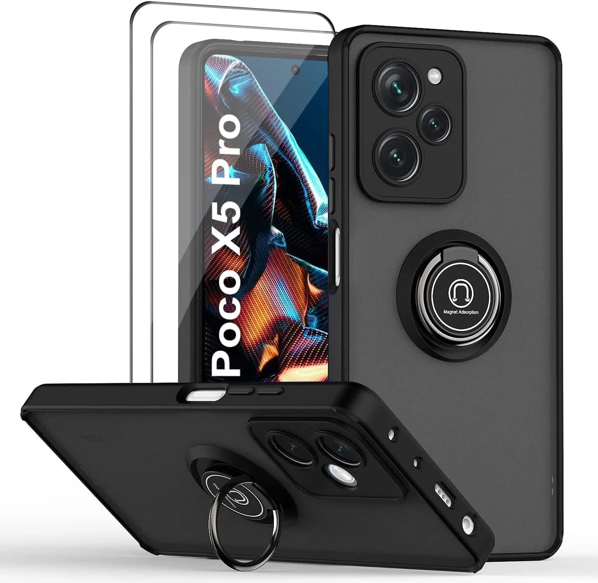کاور محافظ گوشی موبایل کیوآی‌تی‌آی‌پی سازگار با شیائومی پوکو X5 پرو 5G به همراه محافظ صفحه نمایش، کاور ضد ضربه TPU + PC سخت با حلقه مغناطیسی مناسب برای هولدر ماشین، مشکی