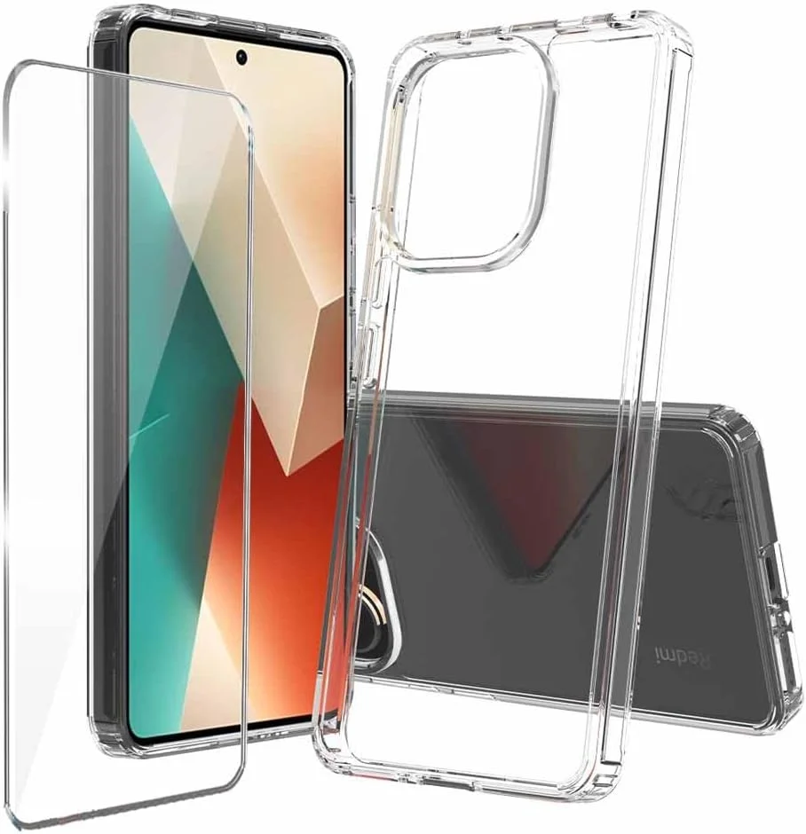 قاب محافظ شفاف باریک و سخت برای گوشی شیائومی ردمی نوت 13 پرو 5G، بامپر ضد ضربه هیبریدی با محافظ صفحه نمایش شیشه ای حرارت دیده، پوشش محافظ کامل گوشی، ضد زردی و ضد خش
