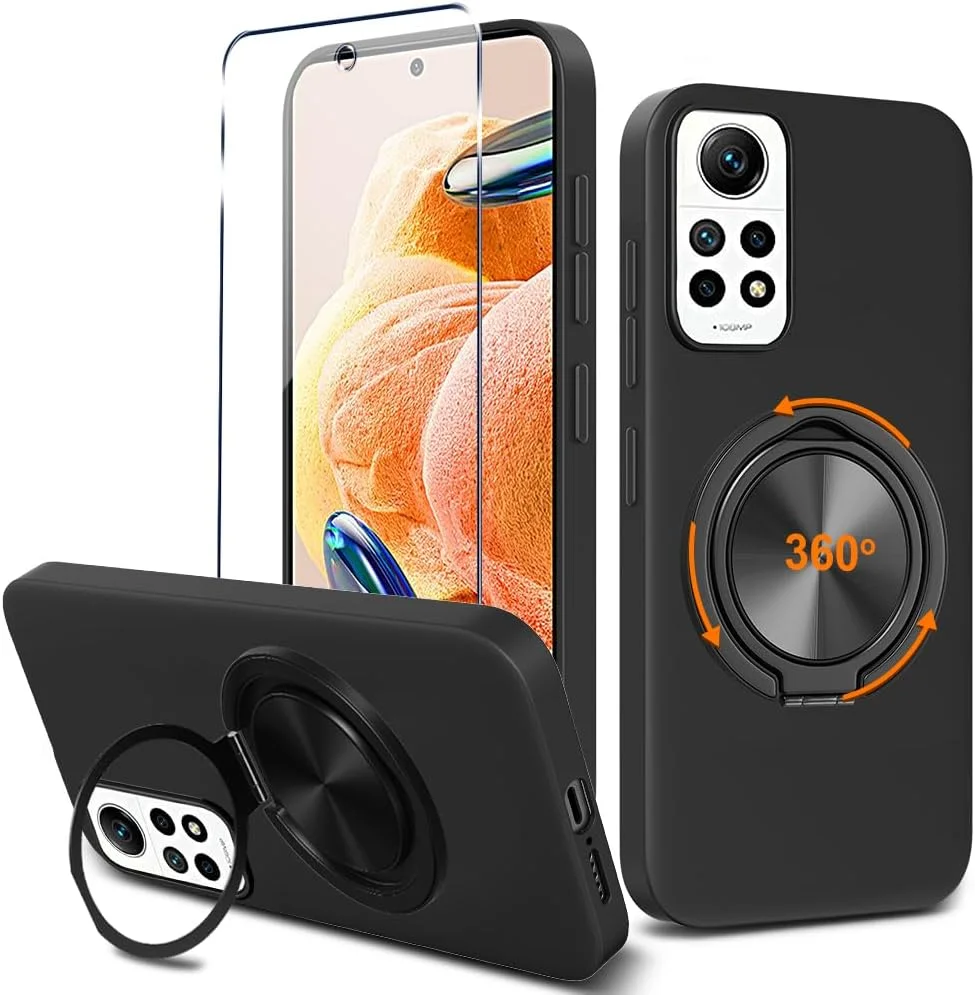 قاب محافظ سیلیکونی TPU با پایه انگشتی چرخان 360 درجه برای گوشی شیائومی ردمی نوت 12 پرو 4G / نوت 11 پرو / نوت 11 پرو 5G به همراه محافظ صفحه نمایش شیشه ای حرارت دیده - مشکی