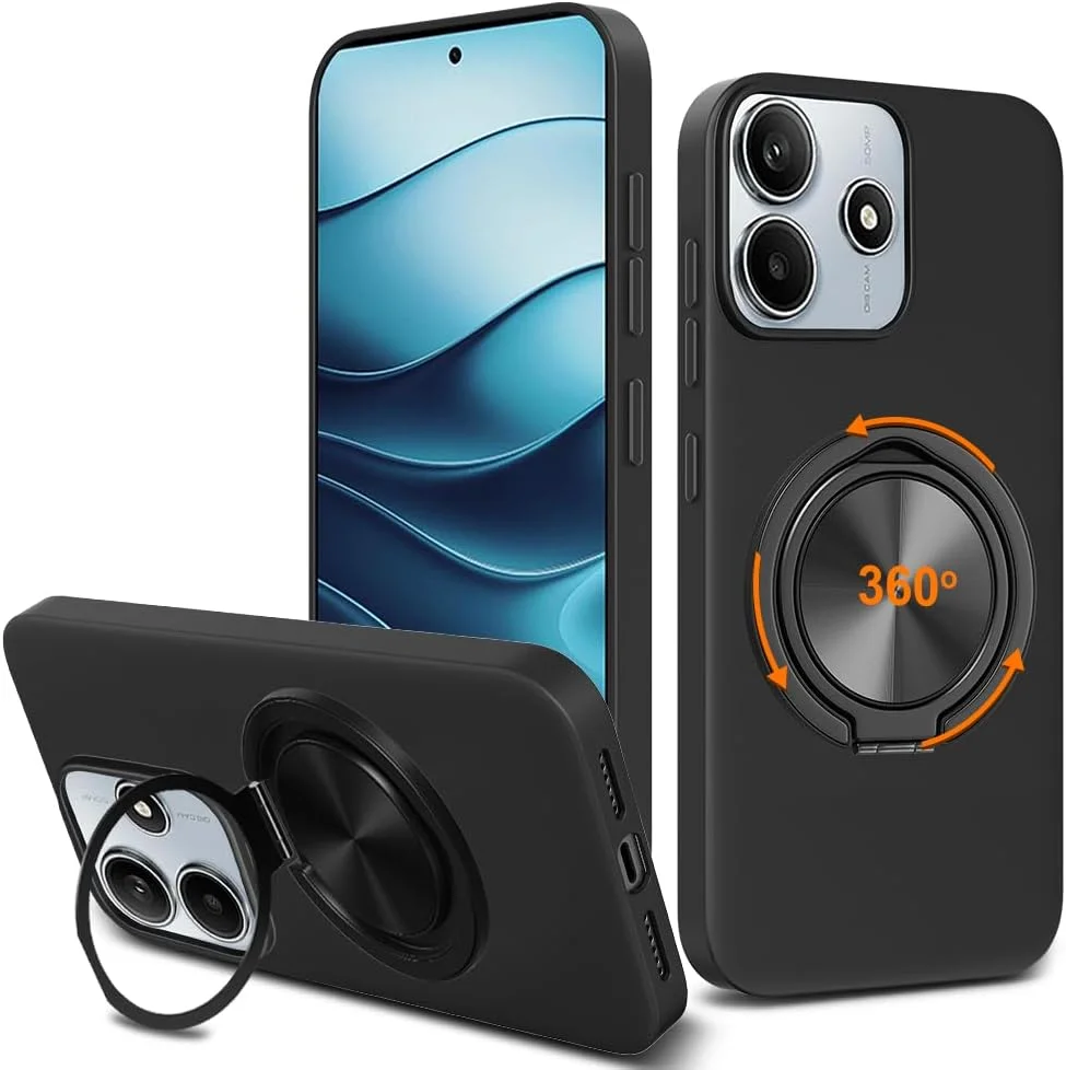 قاب محافظ گوشی شیائومی ردمی نوت ۱۴ 5G، با حلقه چرخان ۳۶۰ درجه و پایه استند، جنس سیلیکون TPU، باریک و مقاوم در برابر ضربه - مشکی