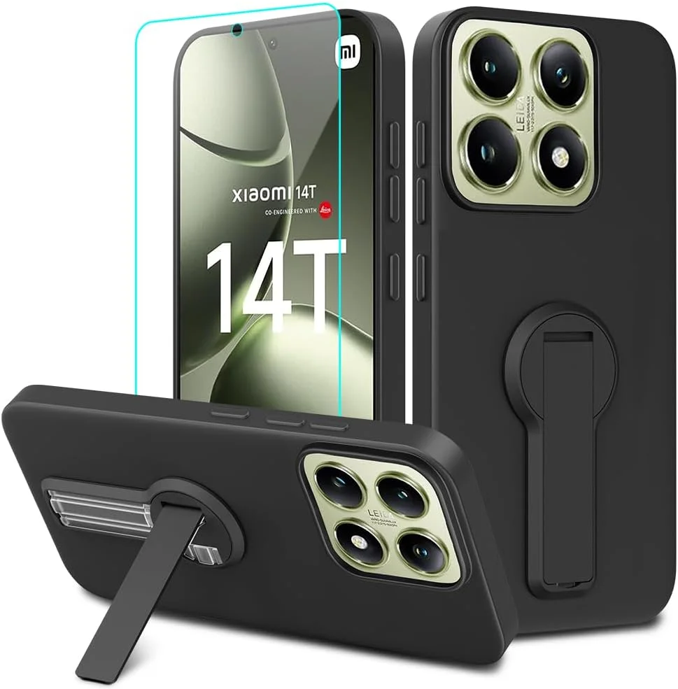 قاب محافظ گوشی شیائومی ردمی 14T 5G با محافظ صفحه نمایش شیشه ای، پایه تاشو چرخشی 360 درجه، کاور محافظ سیلیکونی TPU ضد ضربه برای ردمی 14T 5G 2024 - مشکی