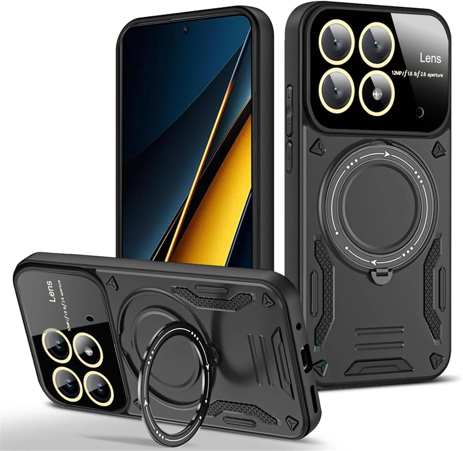 قاب محافظ گوشی شیائومی پوکو X6 پرو 5G با محافظ لنز دوربین، محافظت درجه نظامی ضد ضربه با پایه نگهدارنده، مناسب برای شیائومی پوکو X6 پرو 5G / ردمی K70E - مشکی مکا