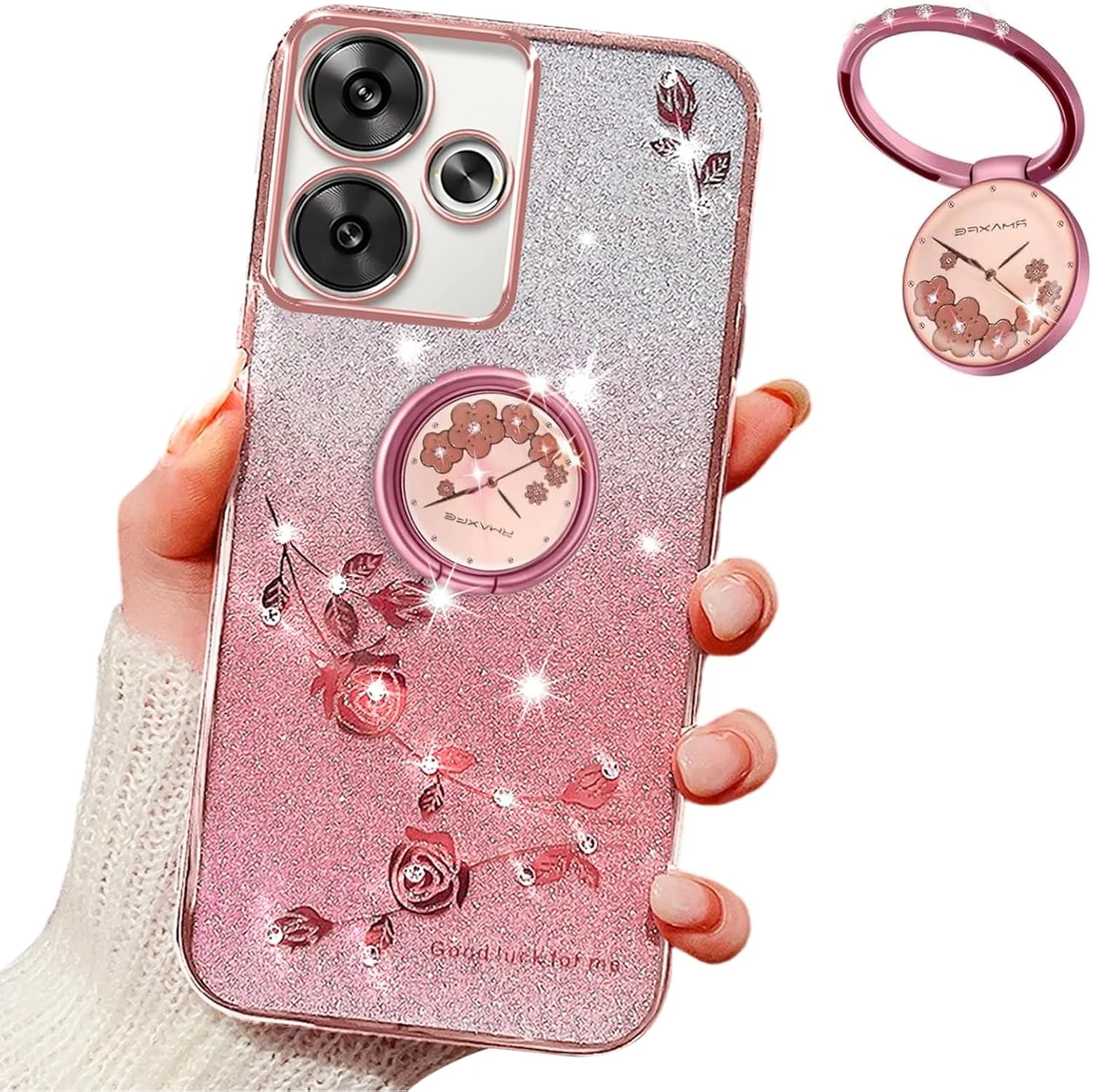 قاب گوشی مناسب برای شیائومی ردمی 13 4G / ردمی نوت 13R 5G / پوکو M6 4G زنانه دخترانه، قاب محافظ لوکس براق اکلیلی با طرح گل و ضد ضربه به همراه حلقه نگهدارنده برای شیائومی ردمی 13 4G - گل های صورتی