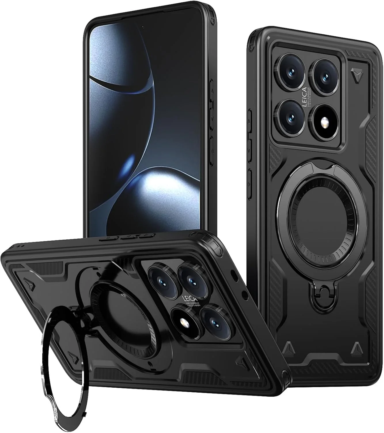 قاب محافظ مغناطیسی برای شیائومی 14T Pro، محافظت سنگین در برابر ضربه با پایه انگشتی چرخان، پوشش قاب برای شیائومی 14T Pro - مشکی