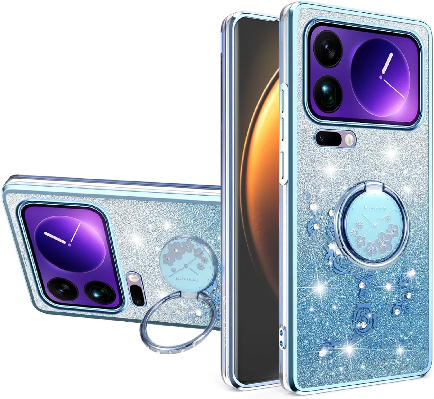 قاب گوشی اکلیلی با روکش لوکس و طرح گل درخشان ضد ضربه به همراه استند انگشتی مناسب برای گوشی شیائومی 17 پرو مکس - طرح گل آبی