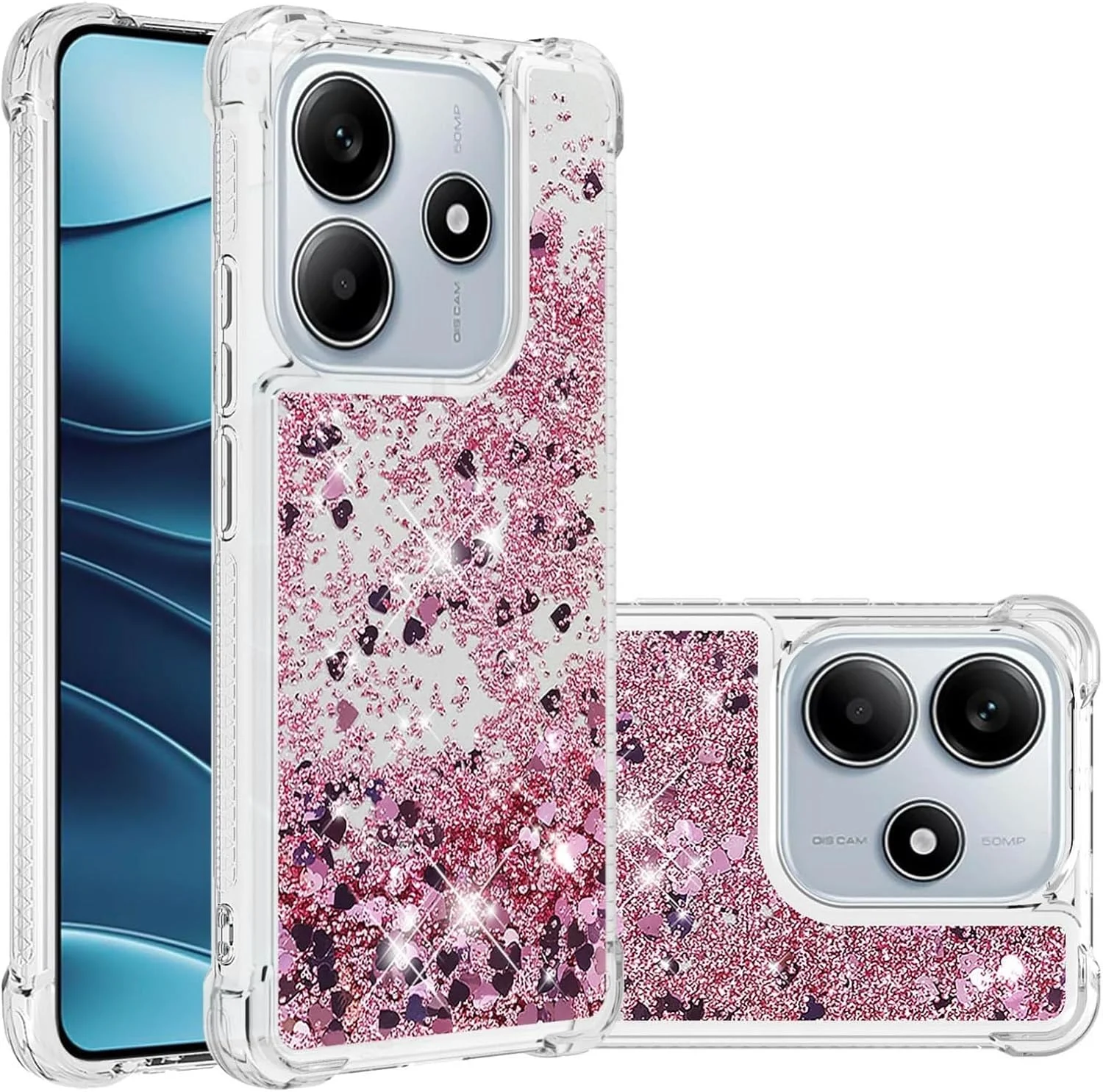 قاب درخشان و براق برای شیائومی Redmi Note 14 5G (نه 4G)، قاب نرم TPU مایع روان و شناور شفاف برای دختران و زنان، پوشش برای شیائومی Redmi Note 14 5G، طلایی رز مایع