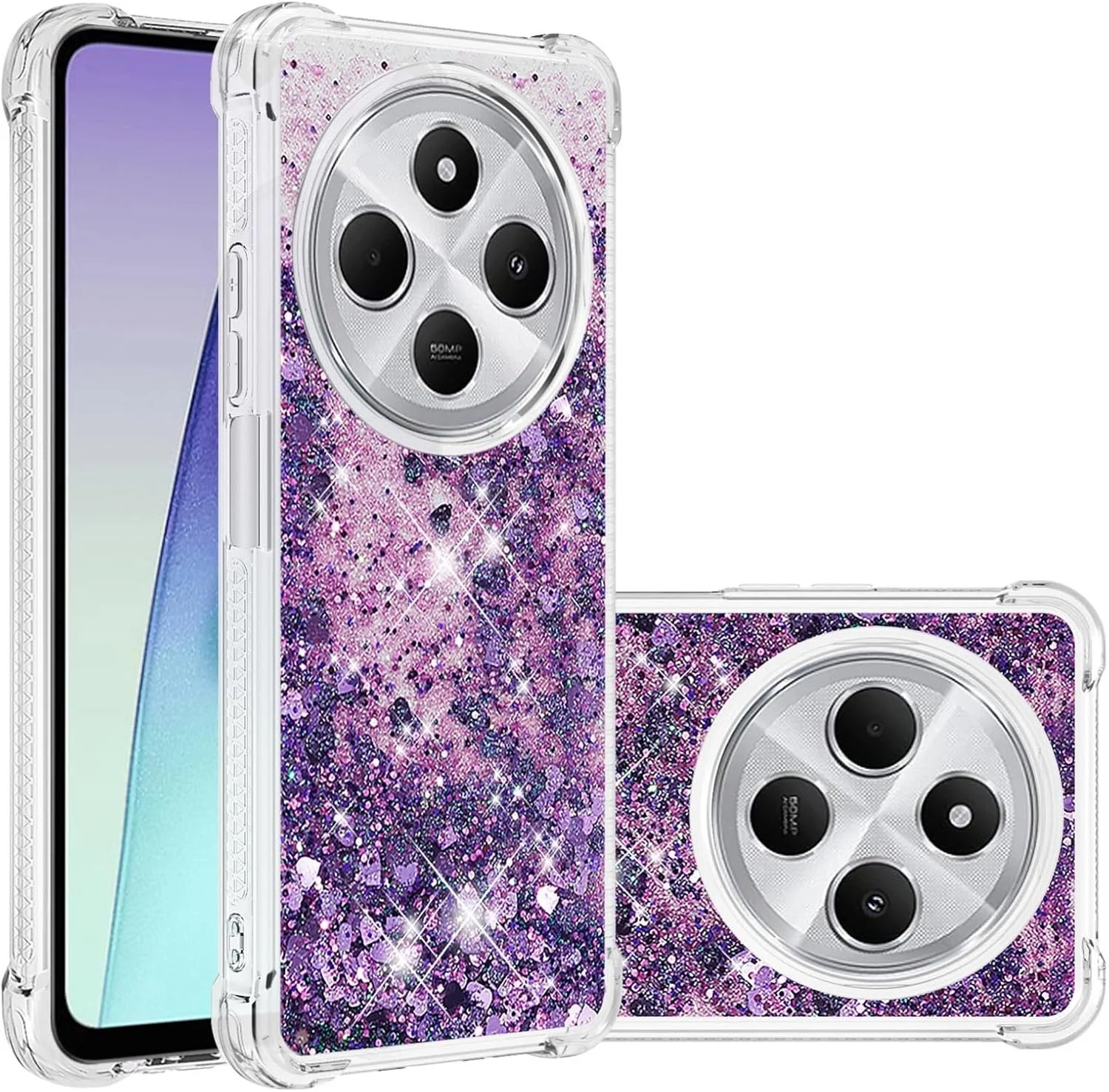 کاور اکلیلی براق برای شیائومی ردمی 14C 4G / پوکو C75، کاور نرم TPU مایع روان شناور شفاف برای دختران و زنان، مناسب برای شیائومی ردمی 14C 4G. مایع بنفش