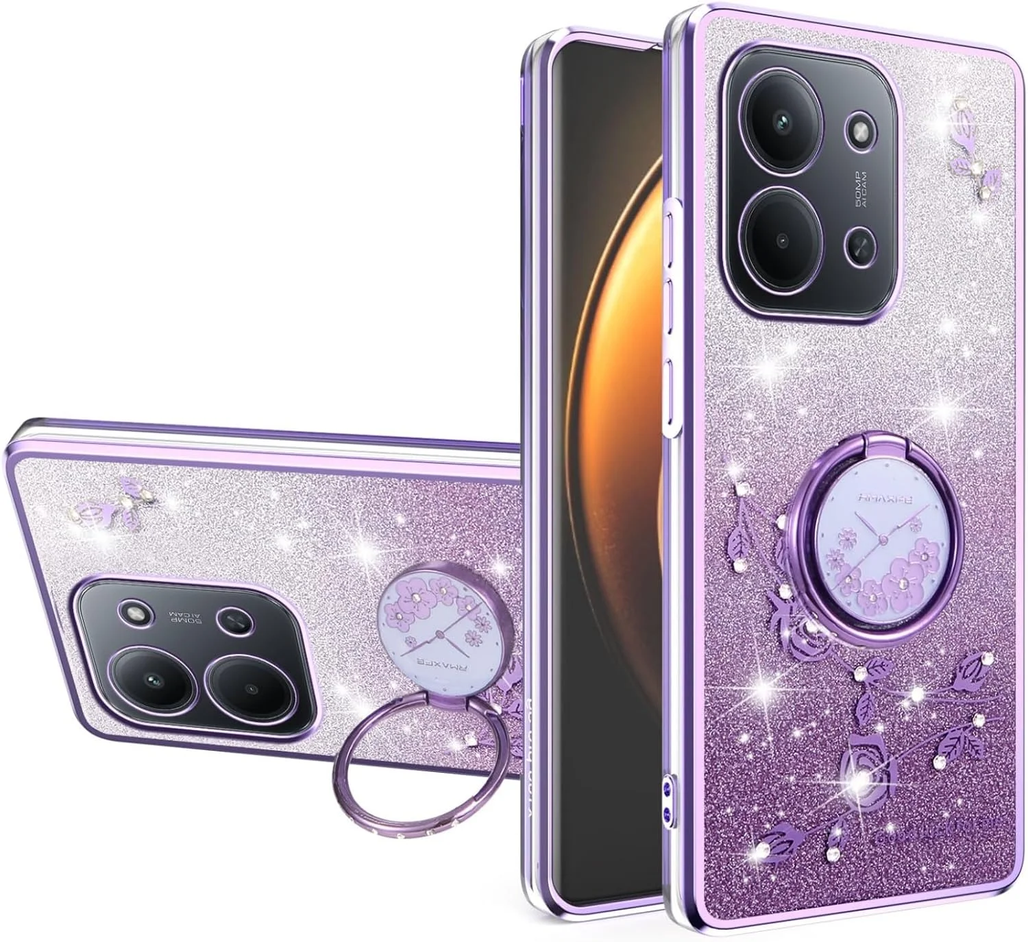 قاب گوشی اکلیلی با روکش لوکس و طرح گل، ضد ضربه، مناسب دختران و بانوان، به همراه حلقه استند، مخصوص گوشی شیائومی ردمی 15C 4G - طرح گل بنفش