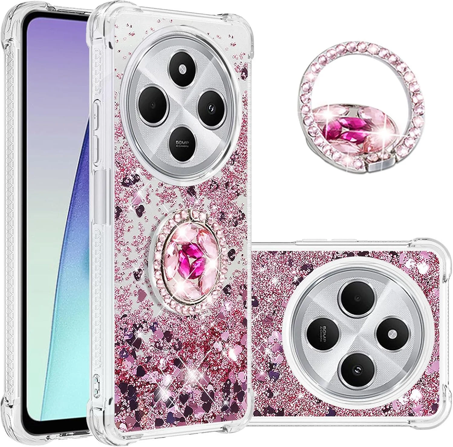 قاب باریک برای شیائومی ردمی 14C، قاب سیلیکونی نرم TPU با اکلیل مایع و پایه انگشتی، محافظ صفحه نمایش و دوربین برای ردمی 14C، طلایی رز WTZH