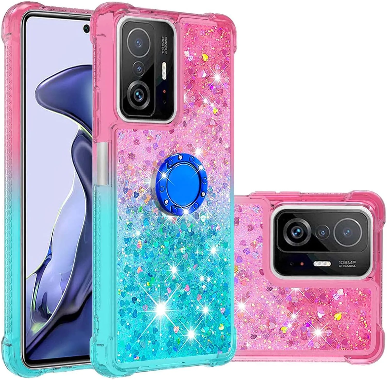 قاب گوشی باریک برای شیائومی 11T و 11T Pro، قاب محافظ TPU با اثر شن روان براق و محافظت ضد افتادن چهار گوشه برای شیائومی 11T/11T Pro، صورتی آبی