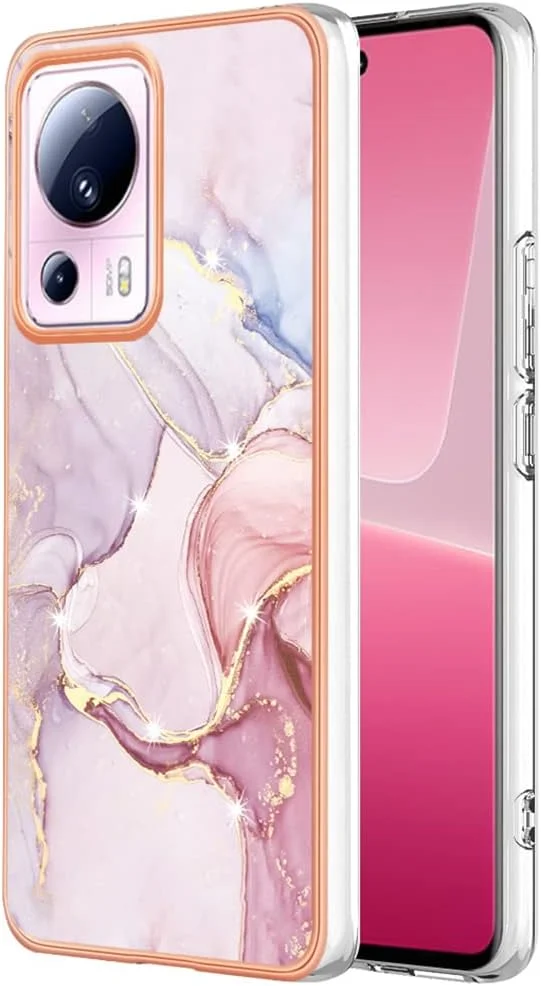 قاب گوشی باریک مناسب برای شیائومی 13 لایت 5G، قاب فانتزی طرح سنگ مرمر براق IMD برای دختران، محافظ لنز دوربین و صفحه نمایش برای شیائومی 13 لایت 5G، YBDD رزگلد