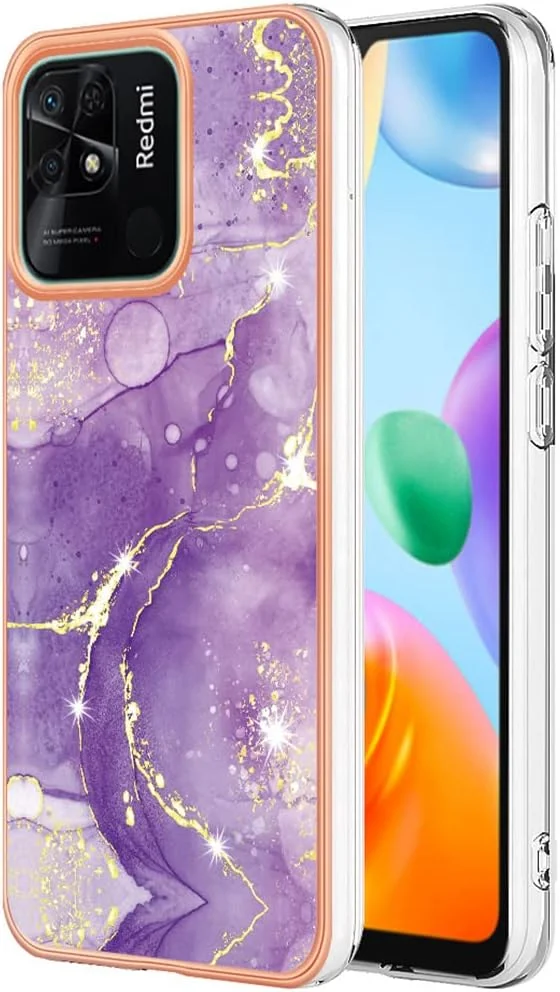 قاب گوشی باریک مناسب برای شیائومی ردمی 10C، قاب شیک با طرح سنگ مرمر IMD براق برای دختران، محافظ لنز دوربین و صفحه نمایش برای ردمی 10C، YBDD بنفش