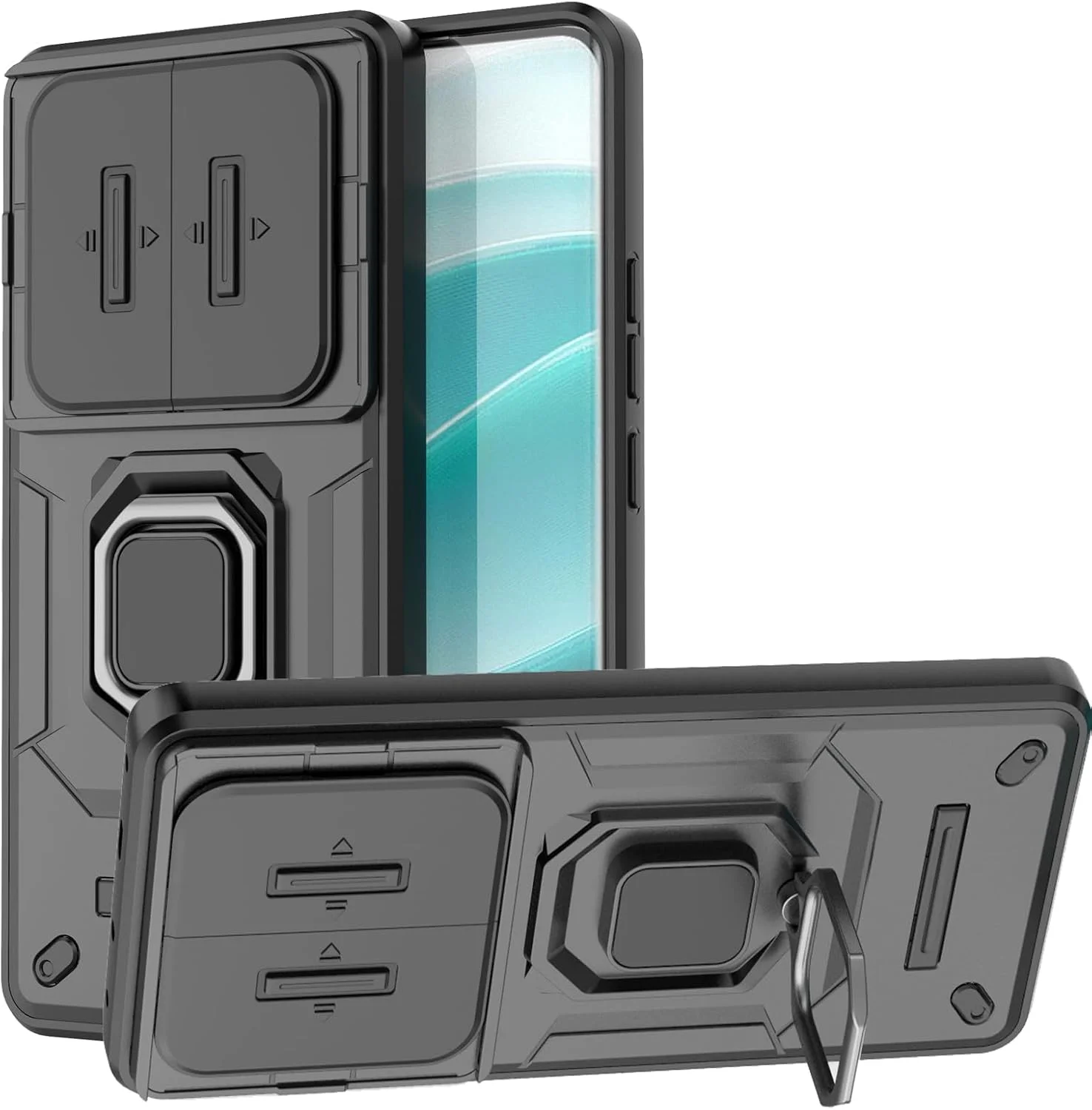 قاب محافظ دو لایه و مقاوم برای گوشی شیائومی ردمی نوت 14 پرو 5G، محافظ لنز، دارای استند مغناطیسی (مشکی، مناسب برای ردمی نوت 14 پرو 5G)