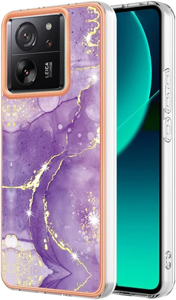 قاب گوشی باریک برای شیائومی 13T و 13T Pro، قاب طرح سنگ مرمر براق IMD، محافظ لنز دوربین و صفحه نمایش، YBDD بنفش