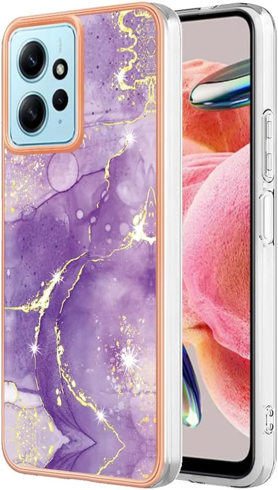 قاب گوشی باریک و خوش‌فرم برای شیائومی ردمی نوت ۱۲ ۴G، قاب فانتزی طرح سنگ مرمر براق IMD برای دختران، محافظ لنز دوربین و صفحه نمایش برای ردمی نوت ۱۲ ۴G، YBDD بنفش