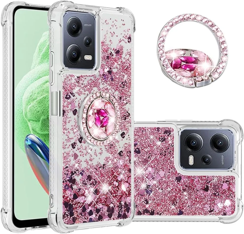 کاور باریک مناسب برای ردمی نوت 12 5G، کاور برای شیائومی پوکو X5، کاور سیلیکونی نرم TPU با طرح اکلیلی مایع و پایه انگشتی برای پوکو X5/نوت 12 5G، طلایی رز WTZH