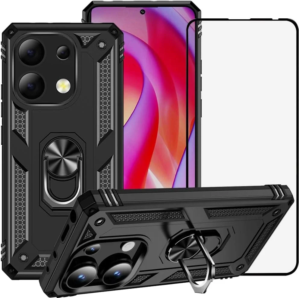 قاب محافظ شیائومی ردمی نوت 13 4G (نه 5G) به همراه محافظ صفحه نمایش شیشه ای، دو لایه مقاوم در برابر ضربه و ضد خش با استند، مشکی