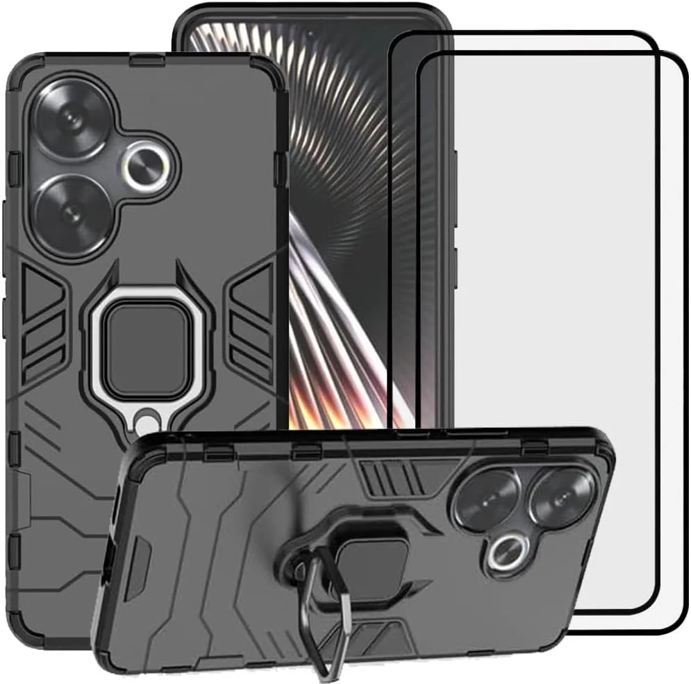 قاب محافظ دو لایه مقاوم برای گوشی شیائومی ردمی توربو 3 / پوکو F6 5G، با استند و محافظ صفحه نمایش شیشه ای حرارت دیده (2 عدد)، مشکی