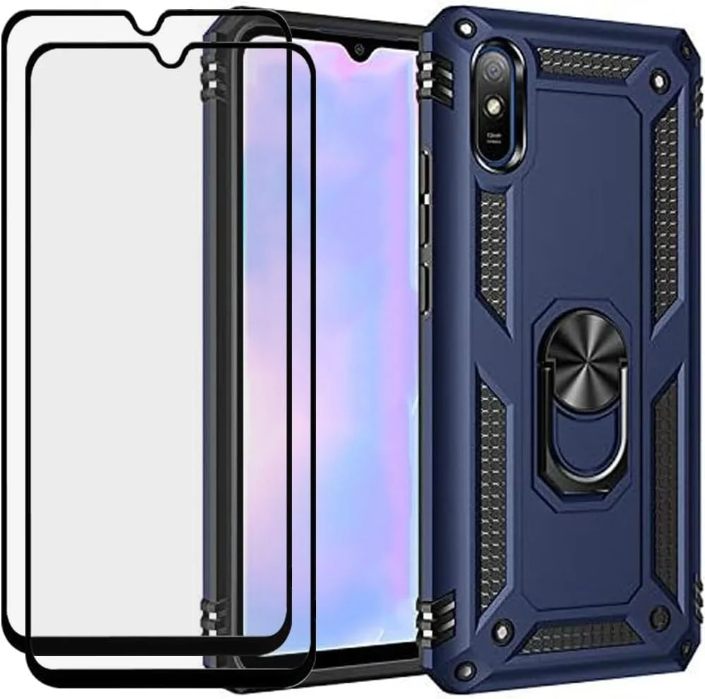 قاب محافظ گوشی شیائومی ردمی 9A، مدل دو لایه هیبریدی مقاوم در برابر ضربه، دارای استند و محافظ صفحه نمایش شیشه ای، آبی