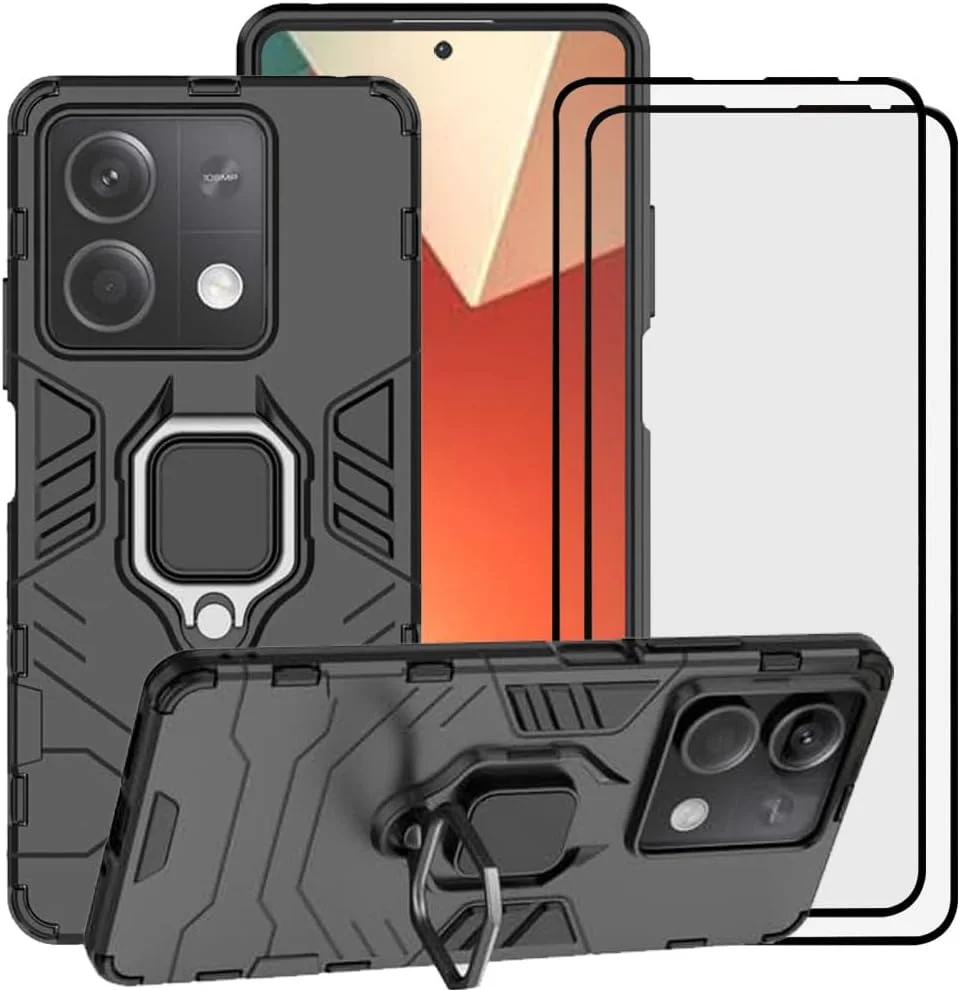 قاب محافظ گوشی شیائومی ردمی نوت ۱۳ 5G، مدل دو لایه هیبریدی مقاوم در برابر ضربه، دارای پایه و محافظ صفحه نمایش شیشه ای حرارت دیده [2 عدد]، مشکی