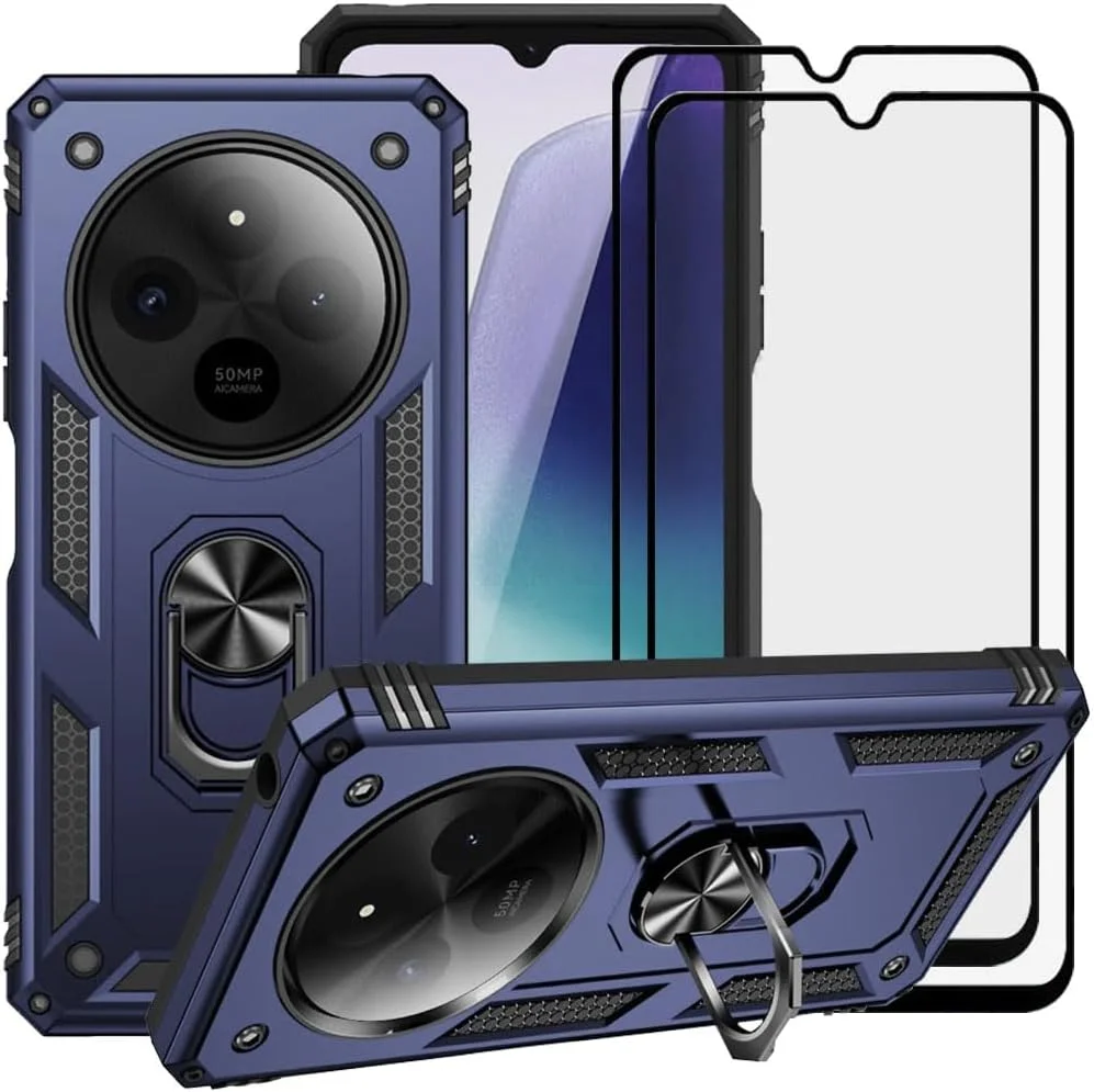 قاب محافظ گوشی شیائومی ردمی 14C به همراه محافظ صفحه نمایش شیشه ای [2 عدد]، کاور زرهی مقاوم در برابر ضربه و ضد خش دولایه هیبریدی با پایه نگهدارنده، آبی