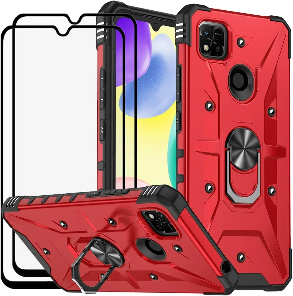 قاب محافظ دو لایه و ضد ضربه برای گوشی شیائومی ردمی 10A/9C به همراه محافظ صفحه نمایش شیشه ای حرارت دیده (2 عدد)، قرمز