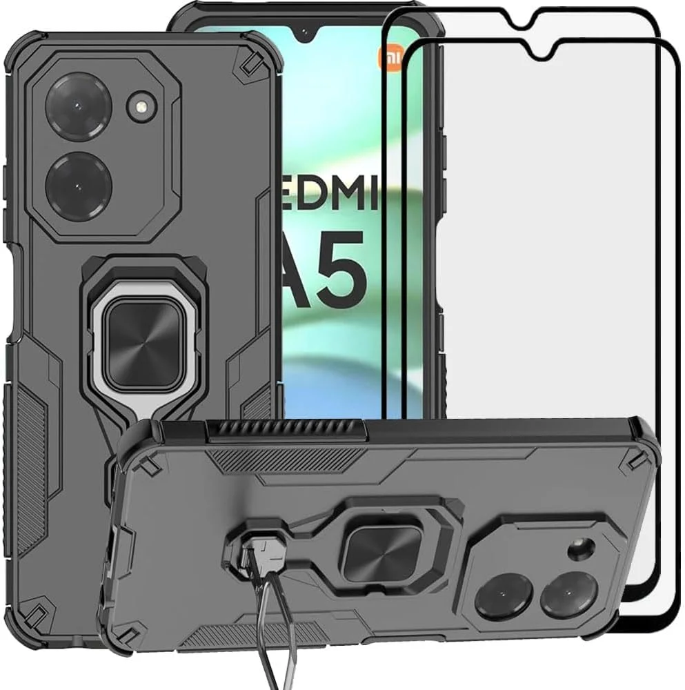 قاب محافظ شیائومی ردمی A5 4G / شیائومی پوکو C71، مدل 2 در 1 هیبریدی مقاوم در برابر ضربه، دارای پایه نگهدارنده، دو لایه، بامپر، کاور پشتی سخت به همراه محافظ صفحه نمایش شیشه ای حرارت دیده، مشکی