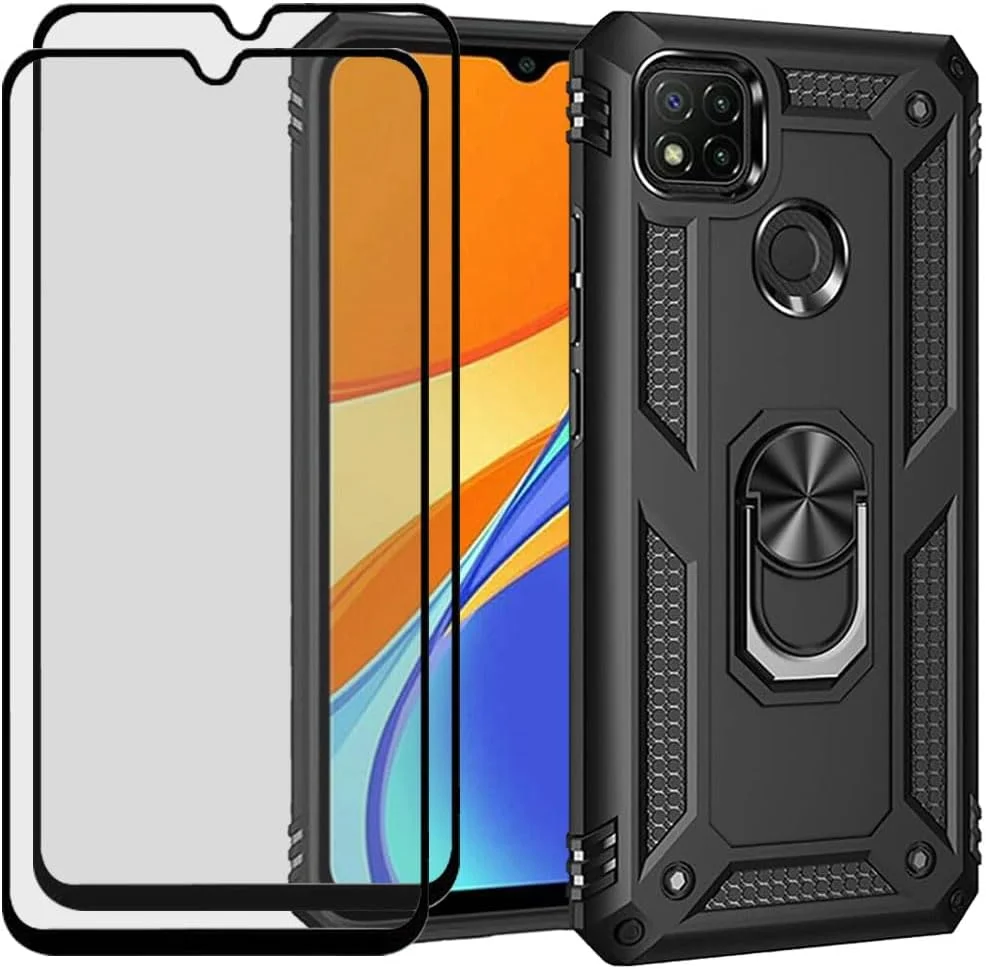 قاب محافظ گوشی شیائومی ردمی 9C به همراه محافظ صفحه نمایش شیشه ای، دو لایه، ضد خش، ضد ضربه، دارای استند، مشکی